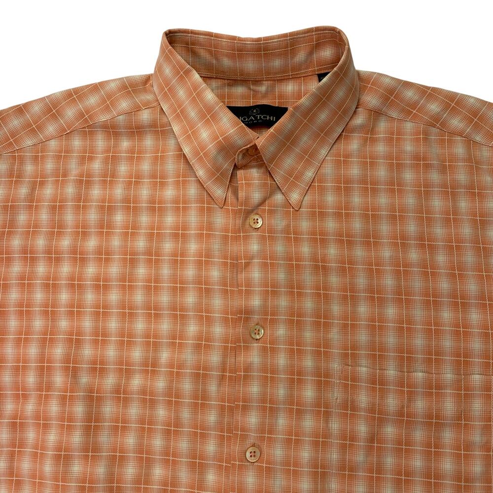 Bugatchi Mens Large Orange White Plaid Short Sleeve Button Up Shirt Silky Easter